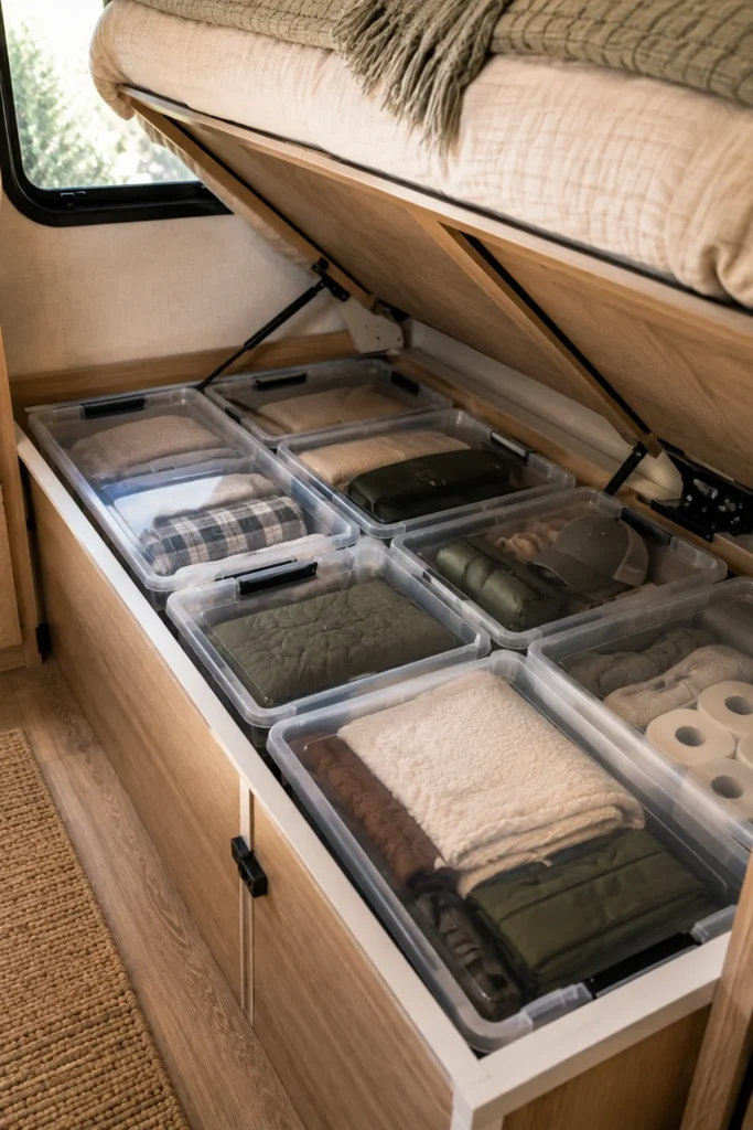 Clear low-profile storage bins organized neatly inside an under-bed storage cavity in a travel trailer.

