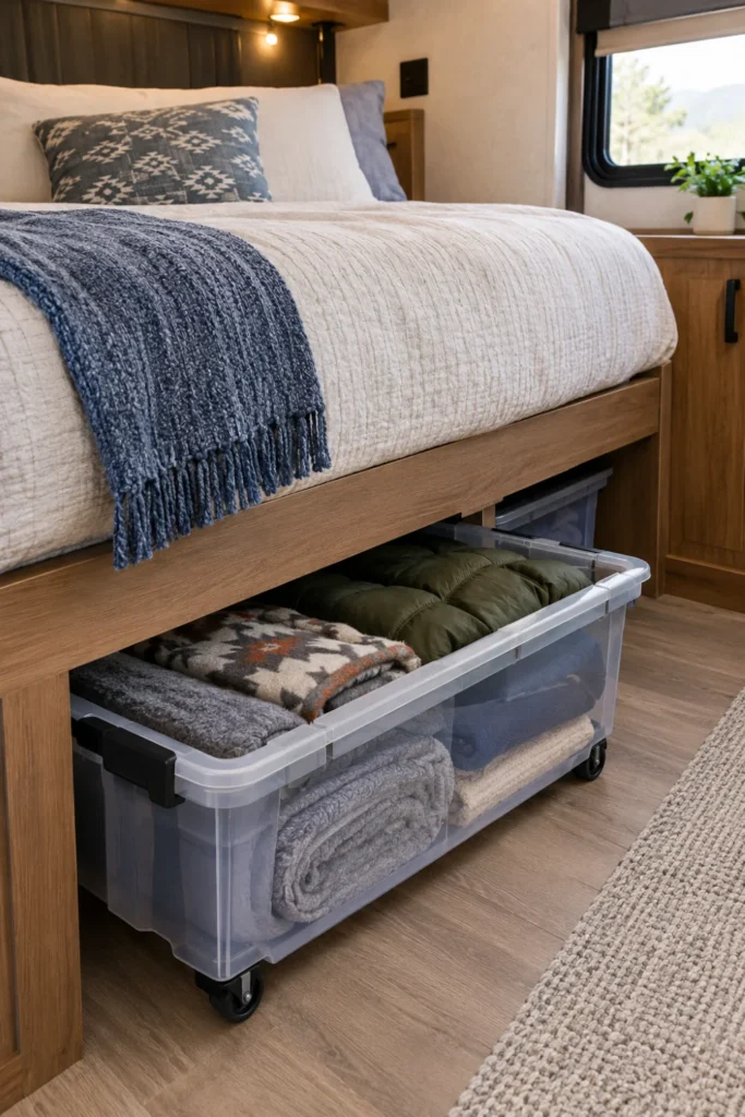 Flat clear wheeled storage tote sliding out from under a camper master bed with folded blankets.