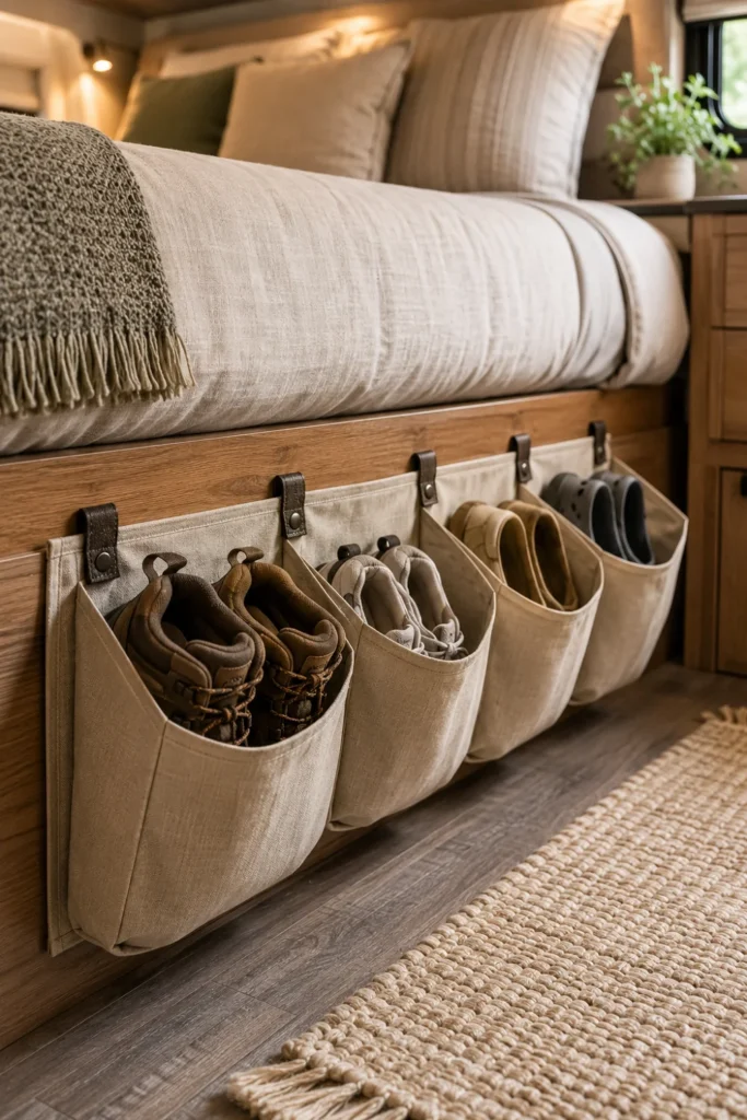 Canvas pocket shoe organizer mounted to the front wood panel of a camper bed frame holding shoes.