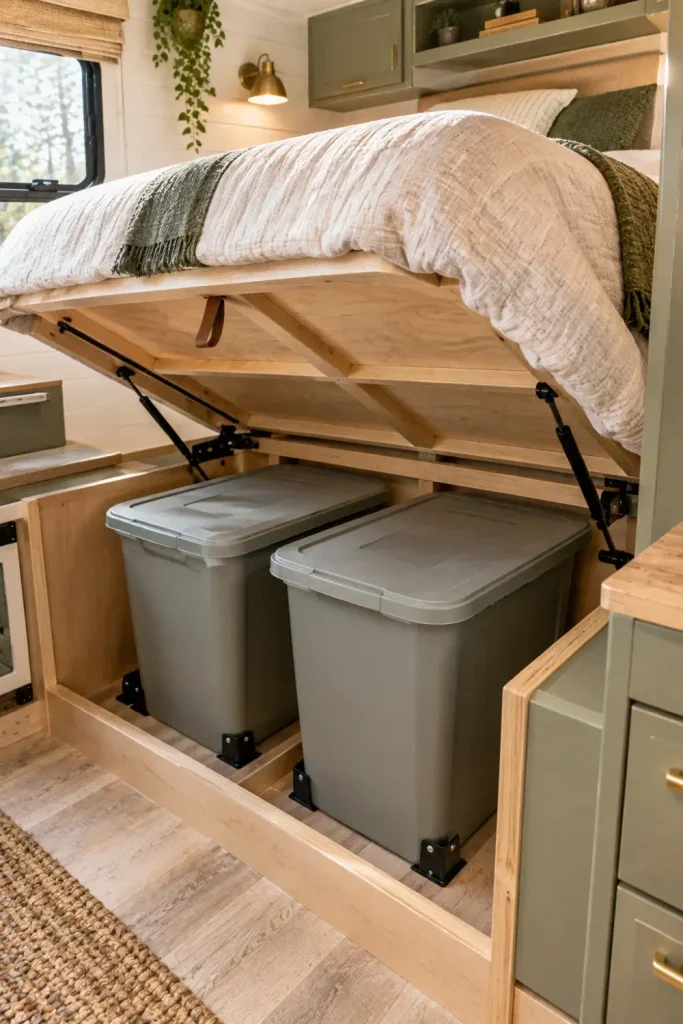 Dual rectangular trash bins anchored in the under-bed storage compartment of a camper bedroom.