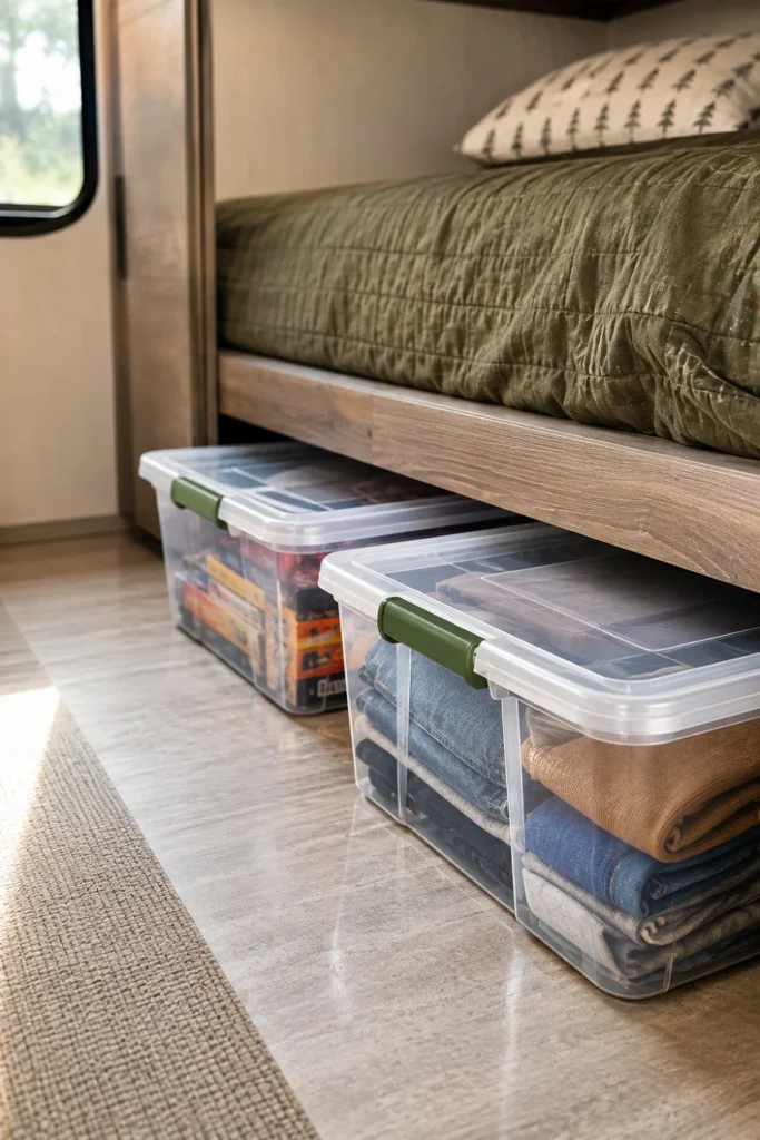 Clear plastic latch-lid storage totes arranged neatly under the lower RV bunk bed for organized travel gear.