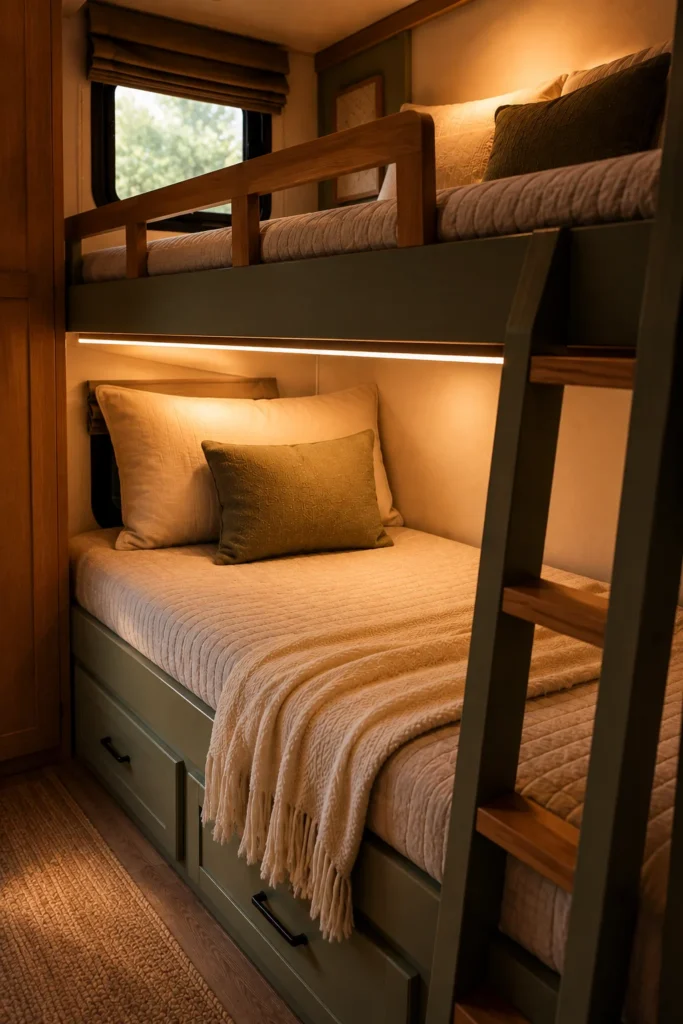 Warm ambient LED strip lighting concealed underneath an upper RV bunk bed frame for nighttime illumination.