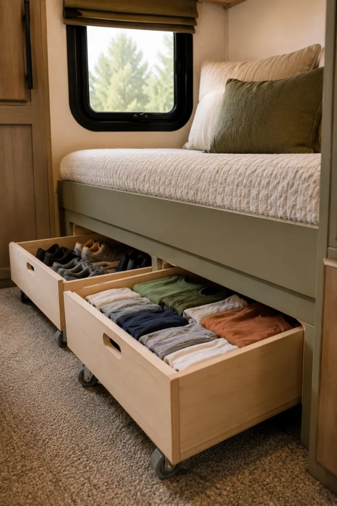 Custom wooden under-bed storage drawer rolling out from bottom RV bunk on carpet casters.