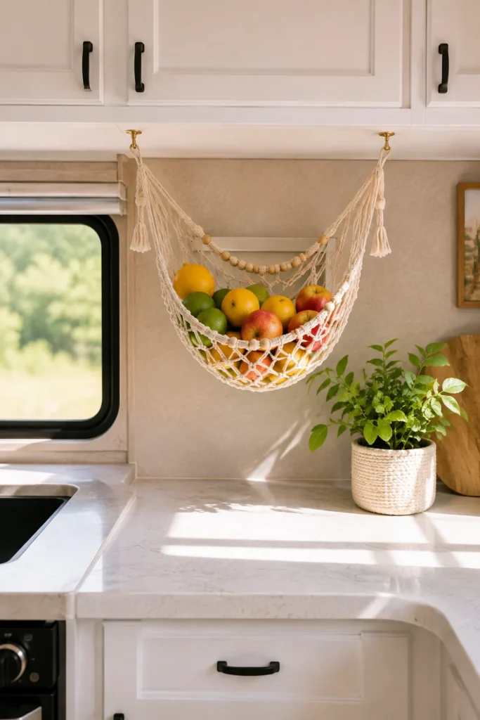 Macrame produce hammock hanging below white camper cabinets holding fresh apples and lemons.