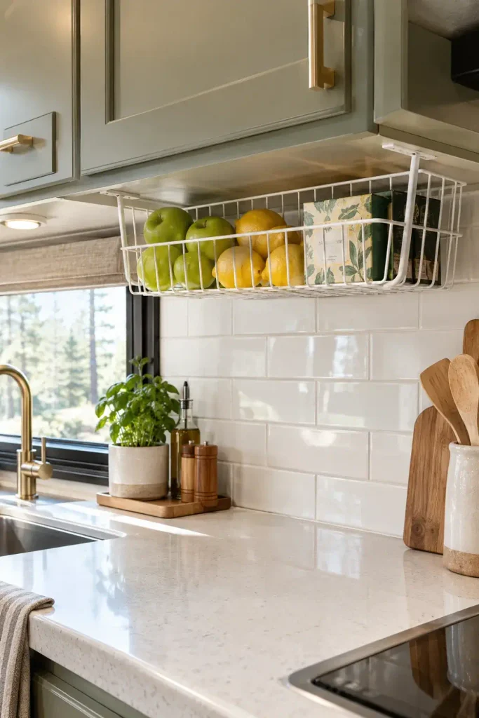 Under-cabinet wire storage basket holding fresh fruit and tea above an RV galley counter