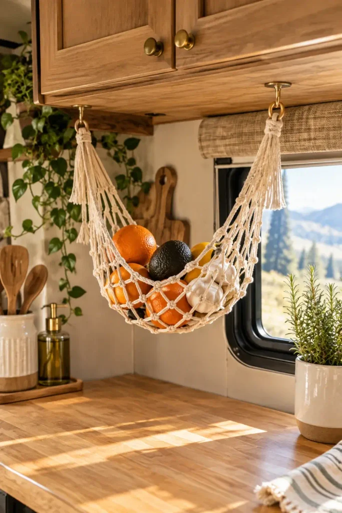 Macrame fruit hammock hung under upper camper cabinets holding fresh citrus and avocados