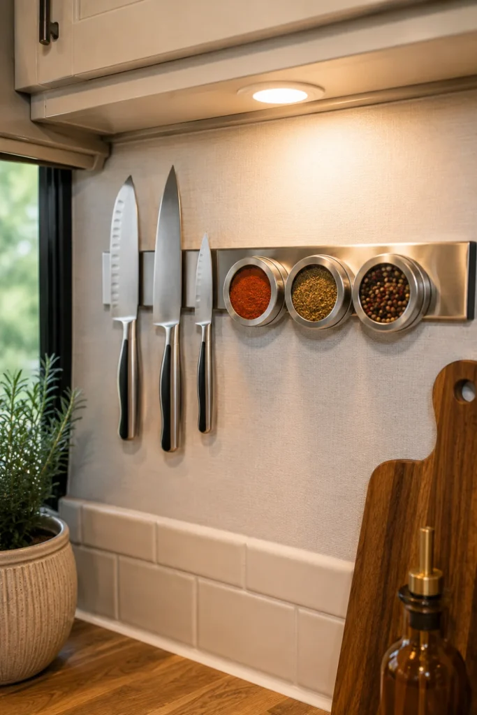 Magnetic knife bar mounted underneath an upper RV cabinet holding compact knives and clear-top spice containers securely.