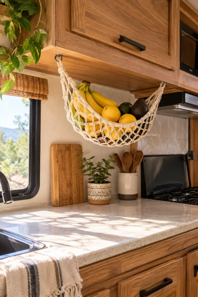 Macrame produce hammock hung under upper RV cabinets holding fresh fruit above the counter.