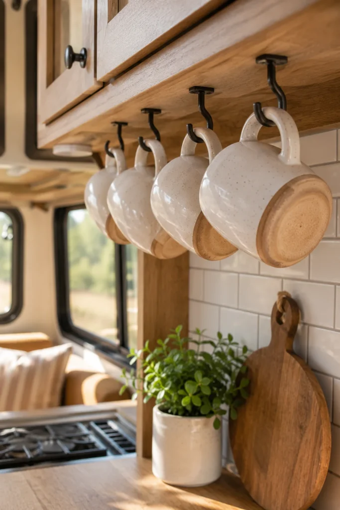 Ceramic coffee mugs suspended by handles from coated hooks underneath camper kitchen cabinets.