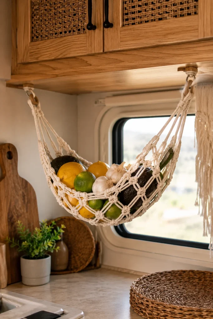 Small woven macrame produce hammock hanging under an upper RV kitchen cabinet holding fresh limes and avocados.