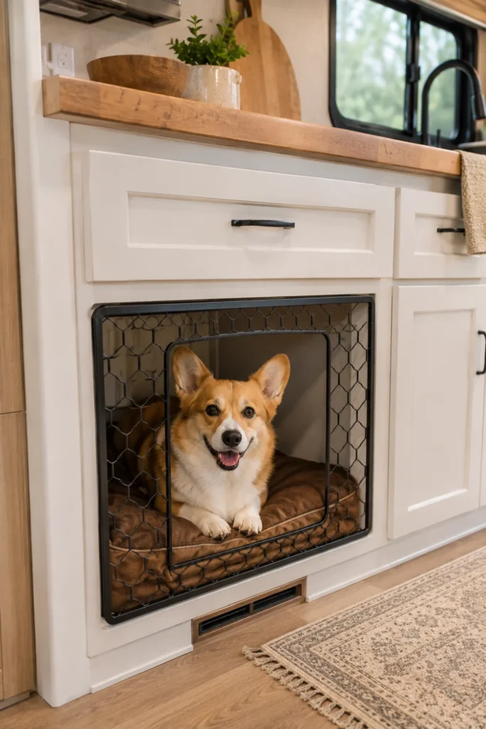Lower RV kitchen cabinet transformed into a cozy pet niche with a farmhouse wire grate door.
