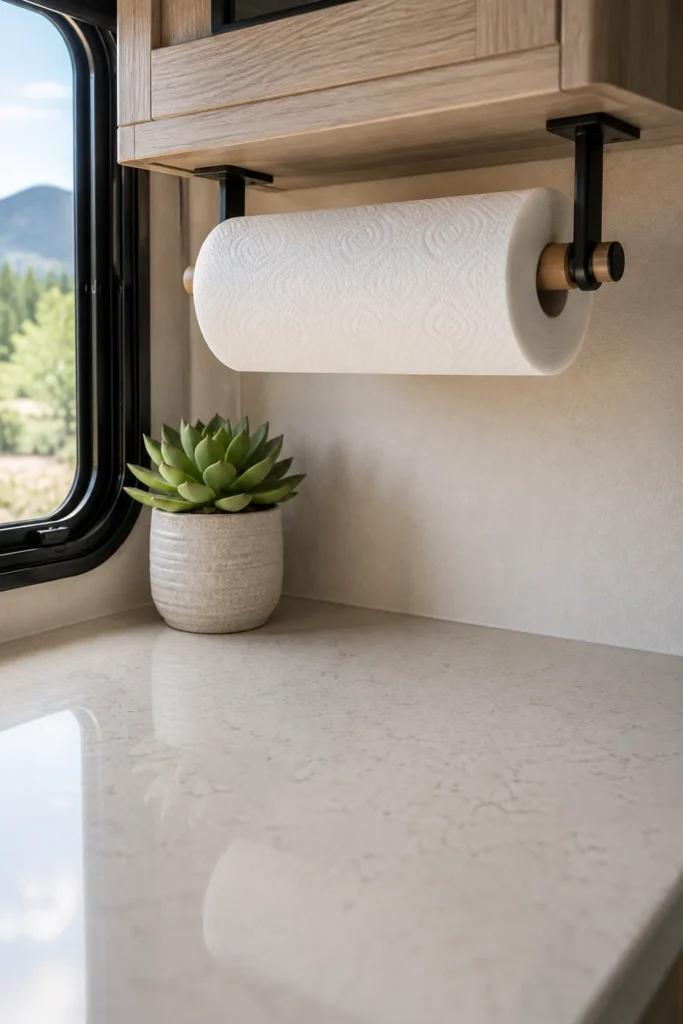 Wooden paper towel holder mounted underneath an upper RV kitchen cabinet keeping the counter clear.