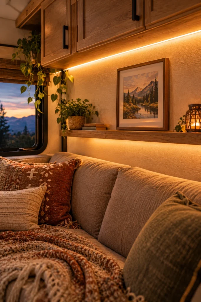 Warm indirect LED strip light glowing beneath upper wooden cabinets in an RV living room.