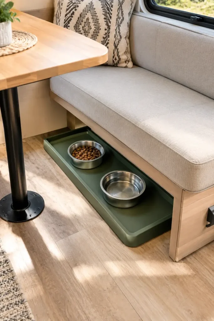 Deep-rimmed rubber splash tray holding dog bowls under an RV dinette bench to prevent water spills.