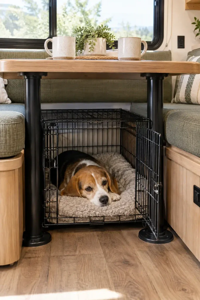 Low-profile wire dog crate tucked neatly under an RV dinette table with a plush pet cushion.
