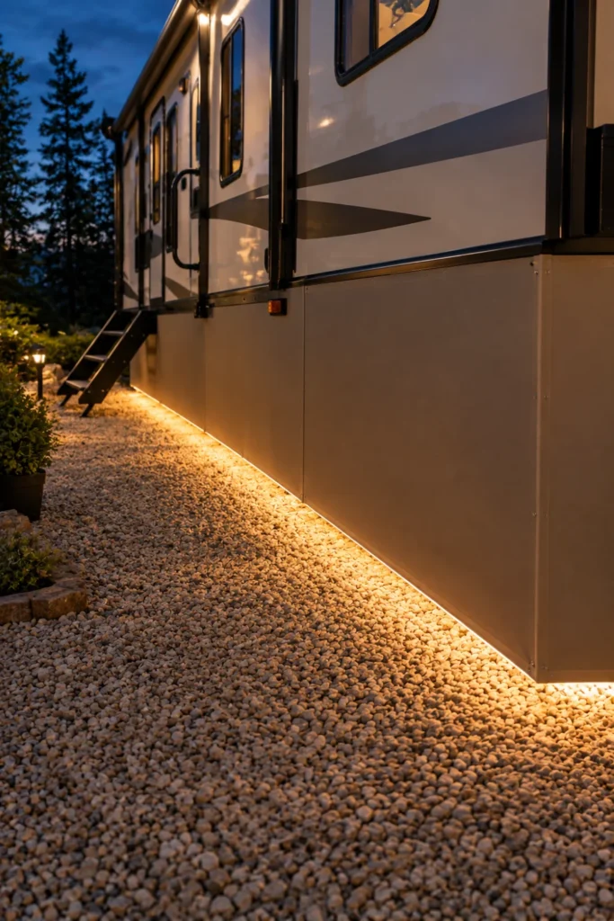 Warm amber LED ground-wash strip lighting glowing beneath an RV skirting perimeter at night.
