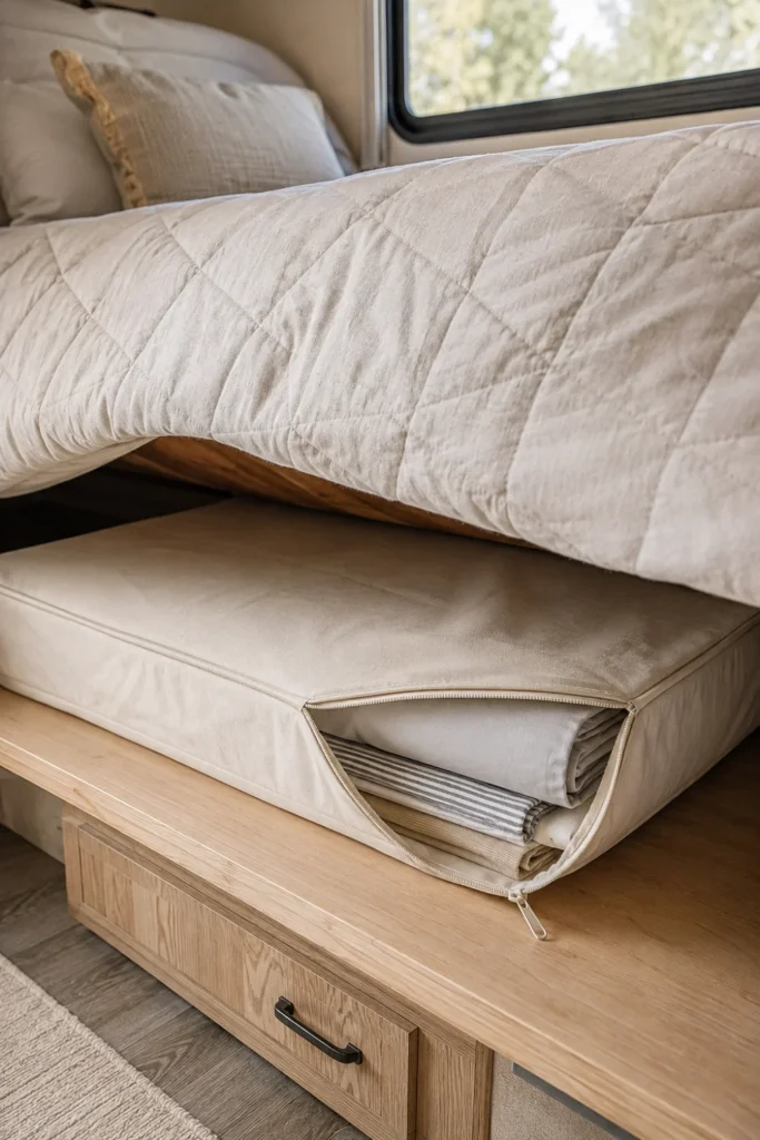 Flat canvas zippered storage bag tucked between the mattress and plywood base for spare RV linens.