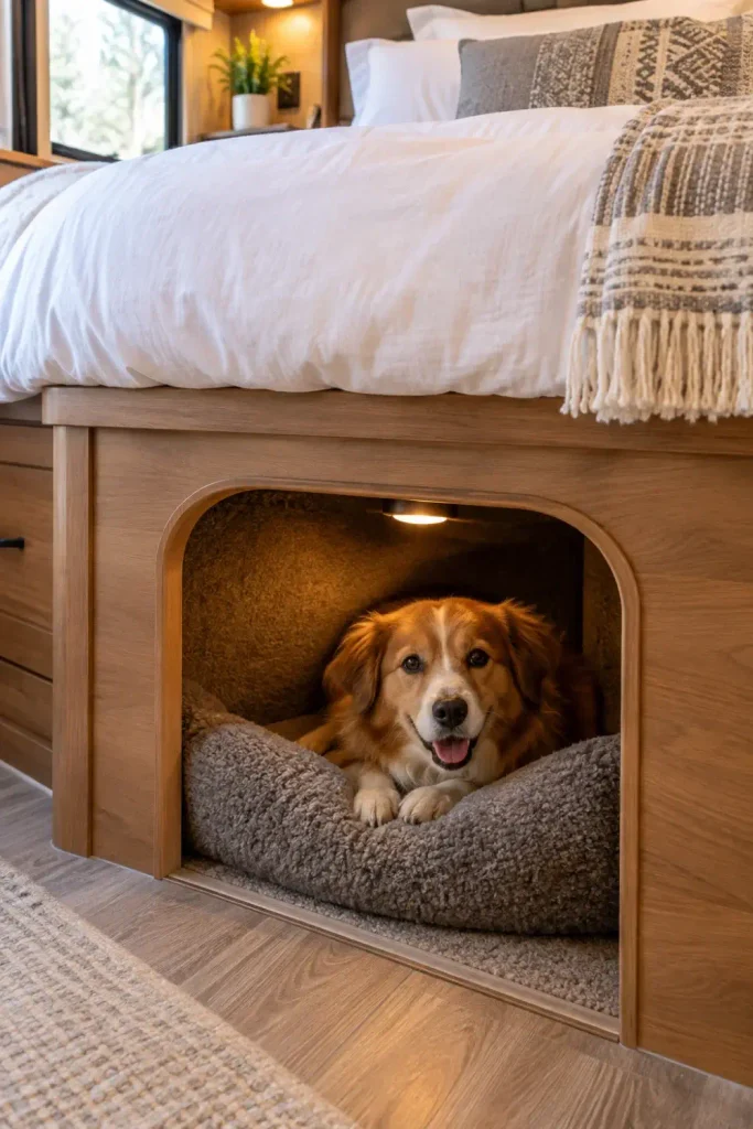 Private pet den built into the base under an RV master queen bed with an arched entrance.
