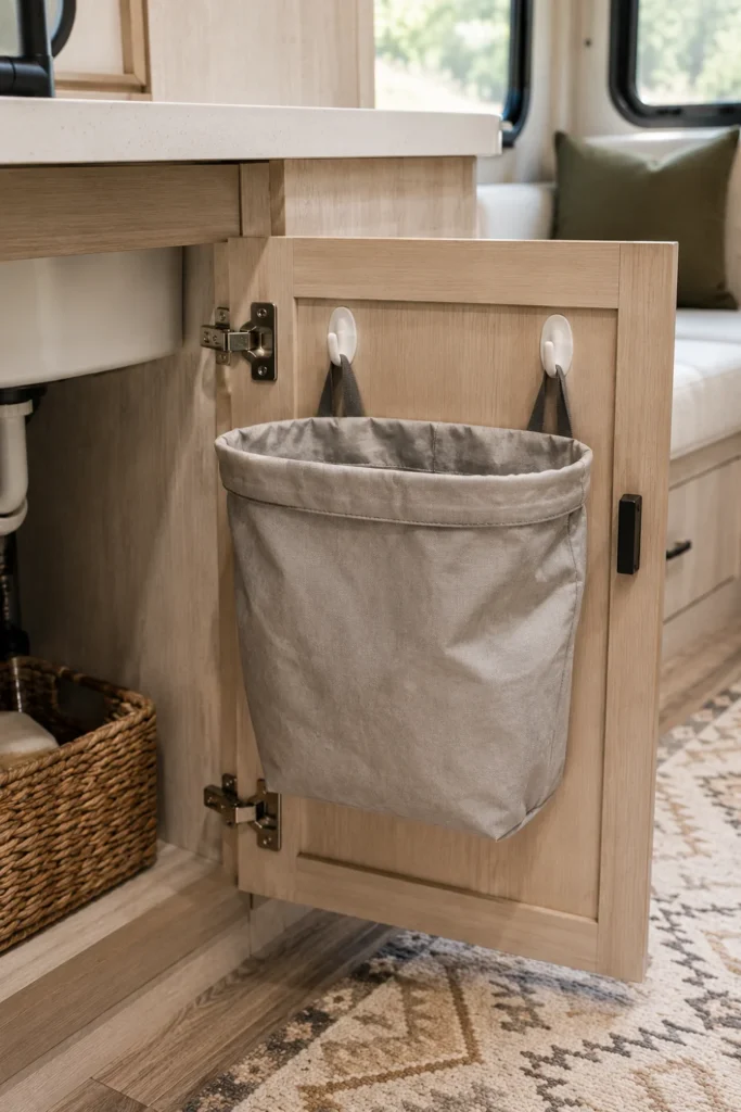 Adhesive hooks mounted on the interior of an under-sink RV door holding a trash bag.
