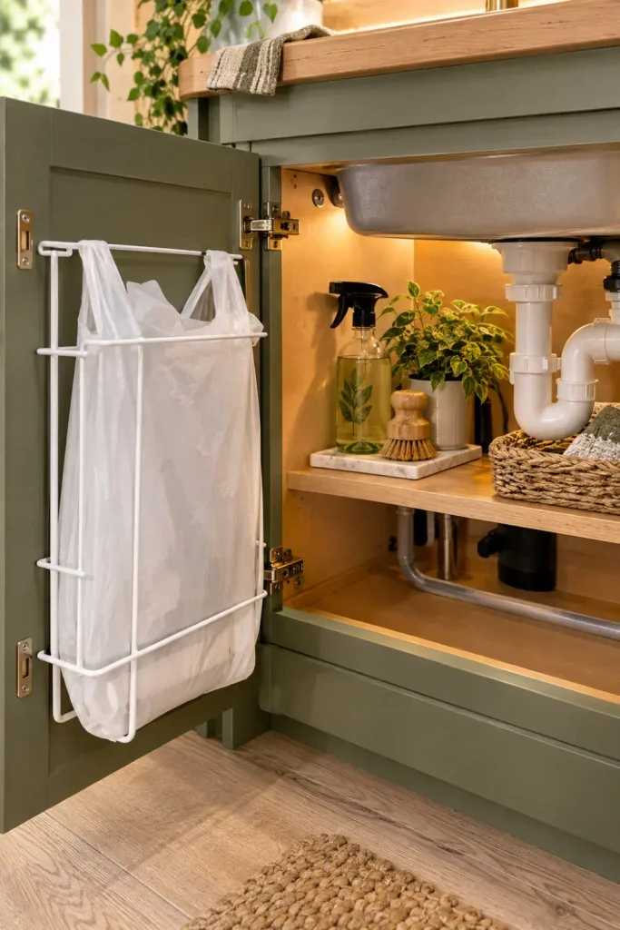 Wire frame trash bag holder mounted on the inside of an open RV kitchen cabinet door.