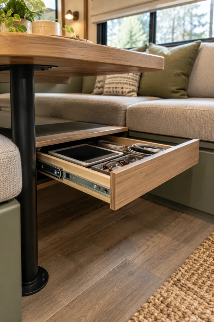 Shallow undermount slide-out drawer mounted under an RV dinette table holding small electronics.