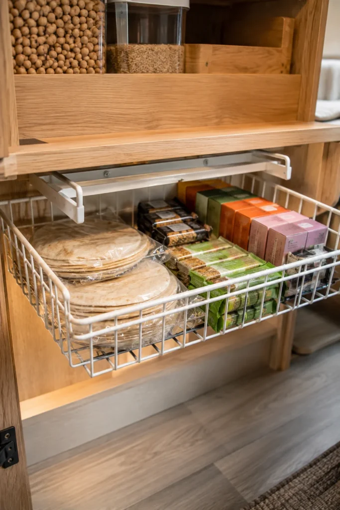 White wire slide-out undershelf basket hanging in an RV pantry holding flat snack items and tortilla packages.