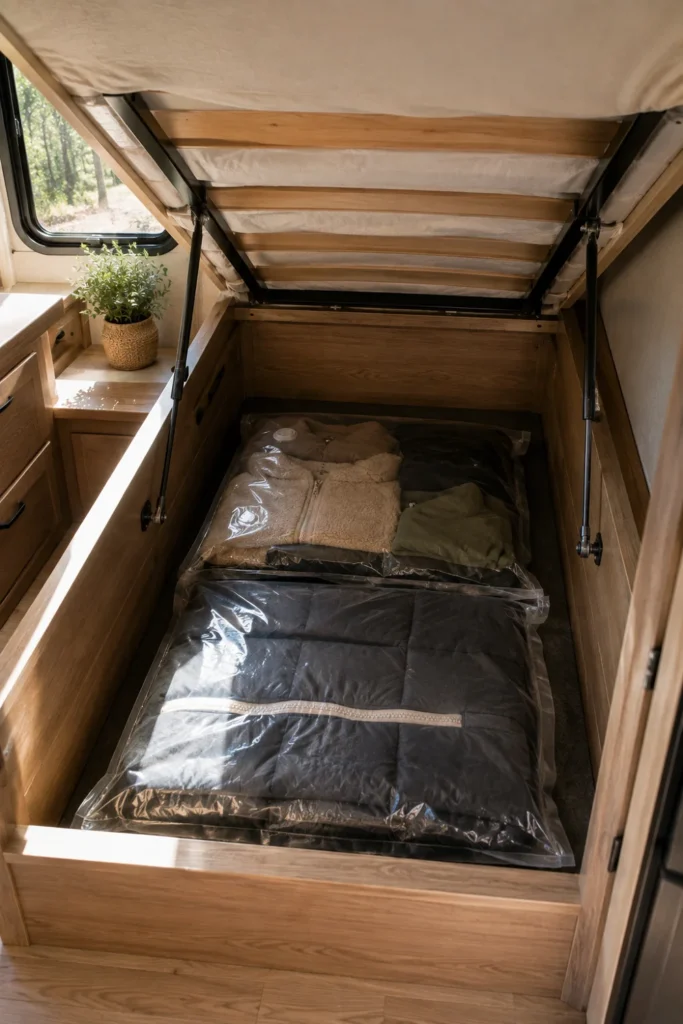Flattened vacuum compression bags containing seasonal winter clothes stored under an RV bed lift.