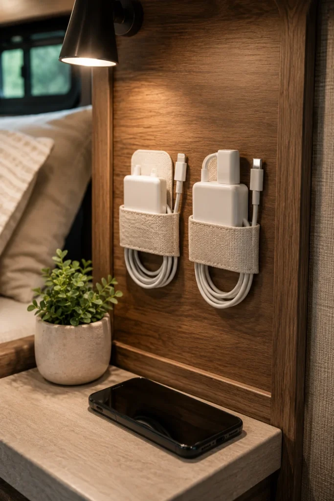 Neat fabric velcro loops routing phone charging cables along an RV nightstand wall panel.