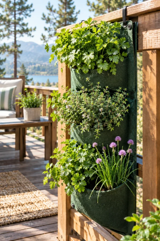 Vertical pocket herb planter filled with fresh culinary herbs hanging on a deck railing.
