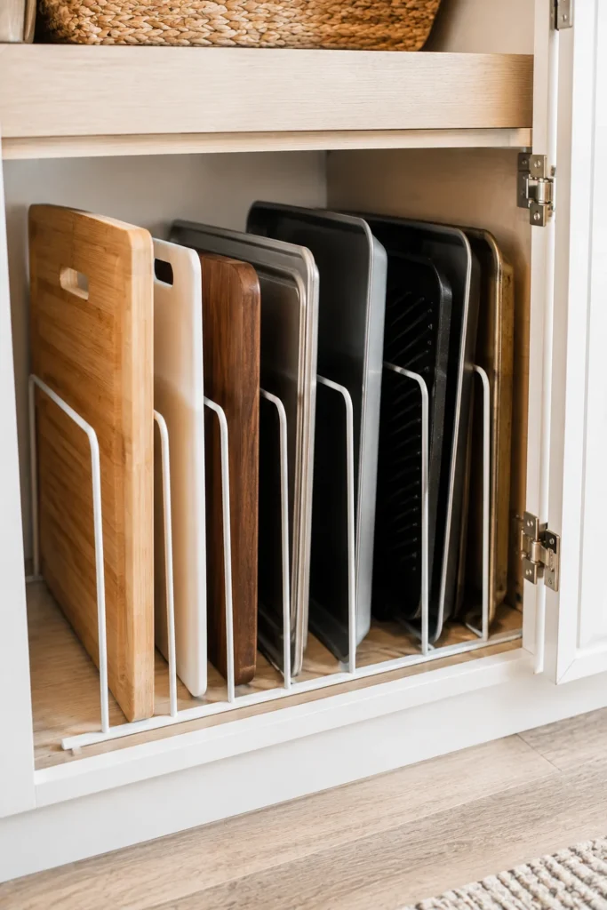 Wire vertical divider rack holding cutting boards and baking sheets upright on an RV cabinet shelf.