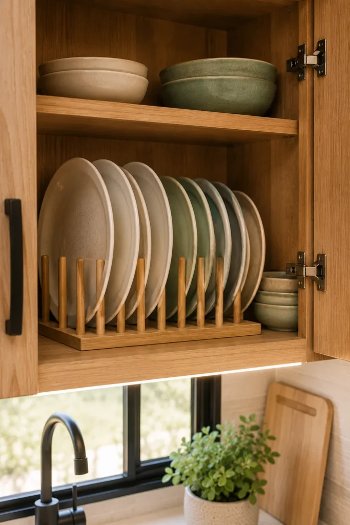 Ceramic plates stored vertically in a wooden peg organizer inside a camper upper cabinet.