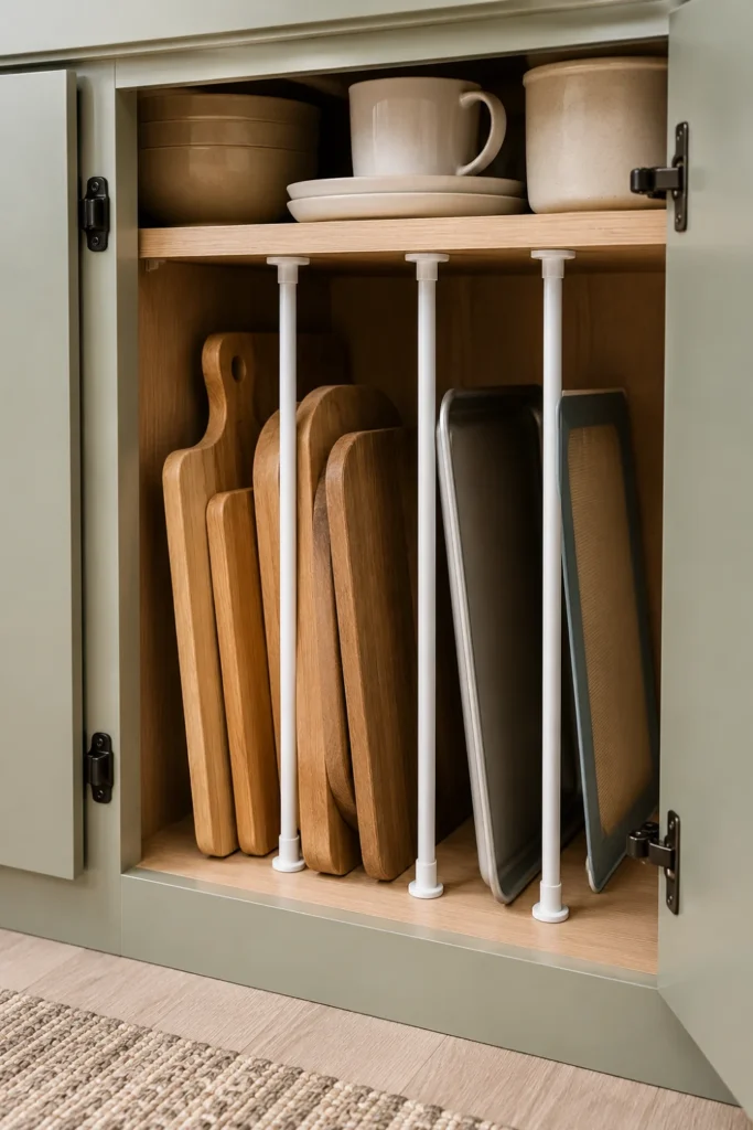Vertical tension rods inside an RV cabinet holding cutting boards and baking sheets upright to save shelf space.