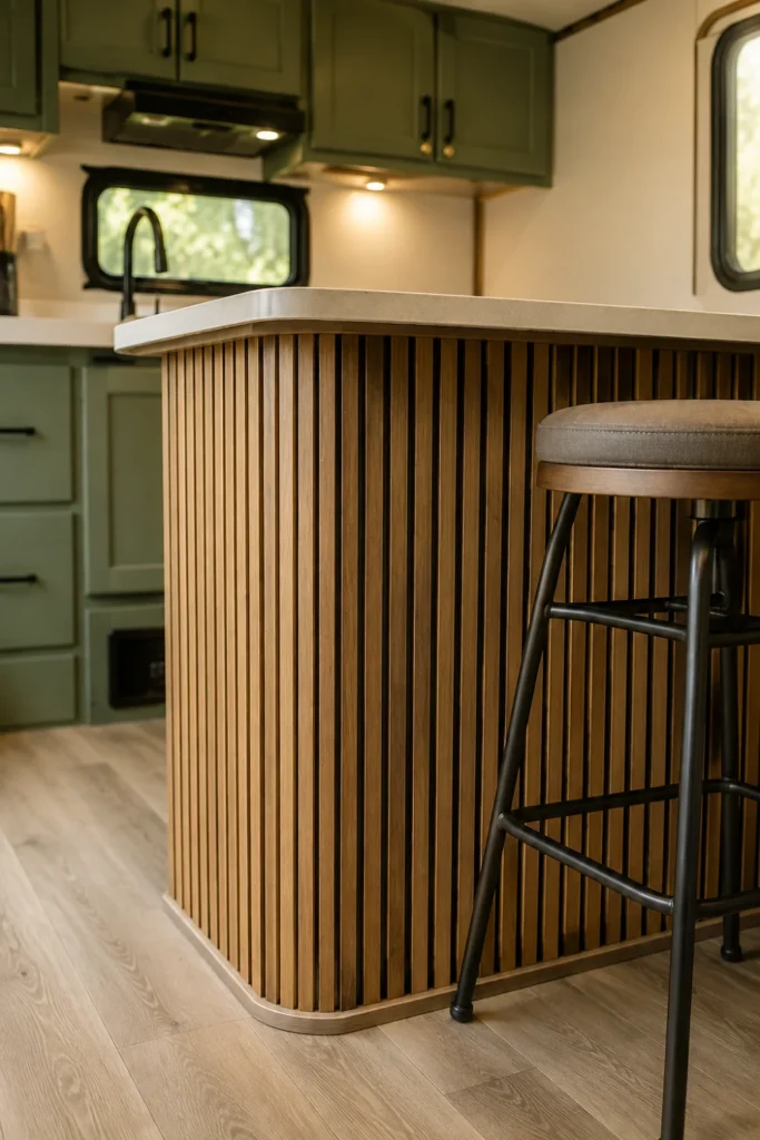 Modern camper kitchen island base wrapped in vertical light oak wood slats for textured residential warmth.