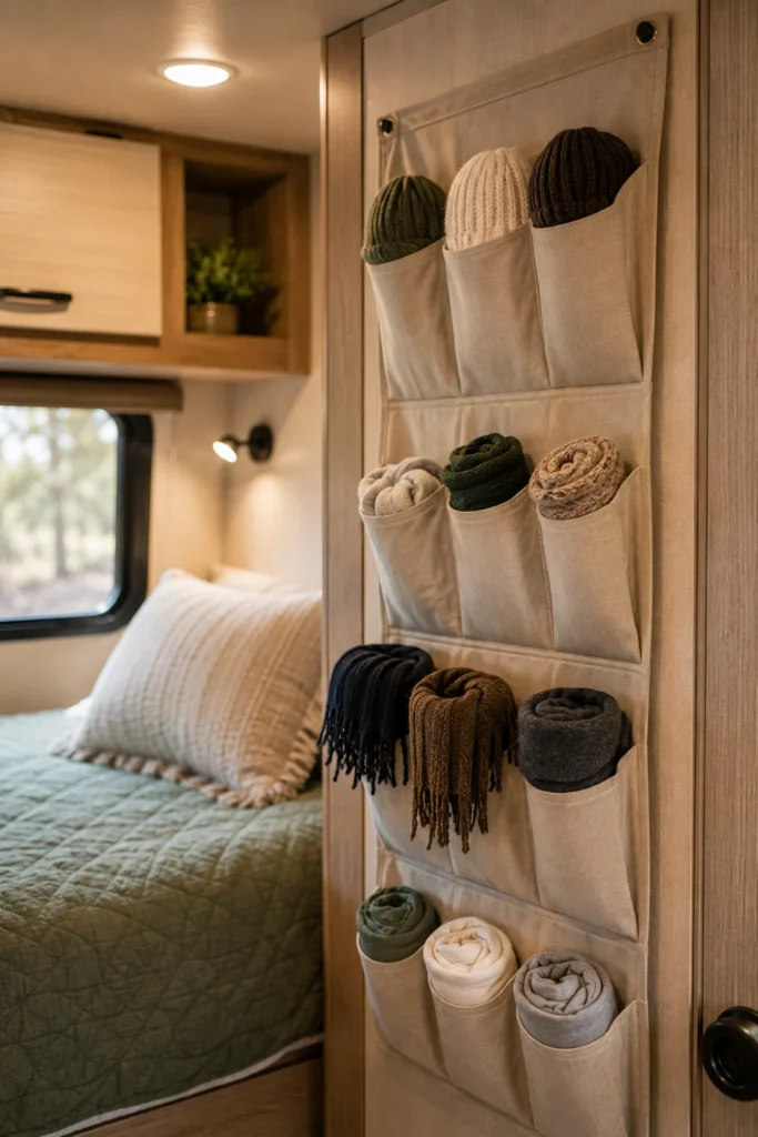 A beige fabric wall pocket organizer holding rolled socks, beanies, and winter accessories in an RV bedroom.