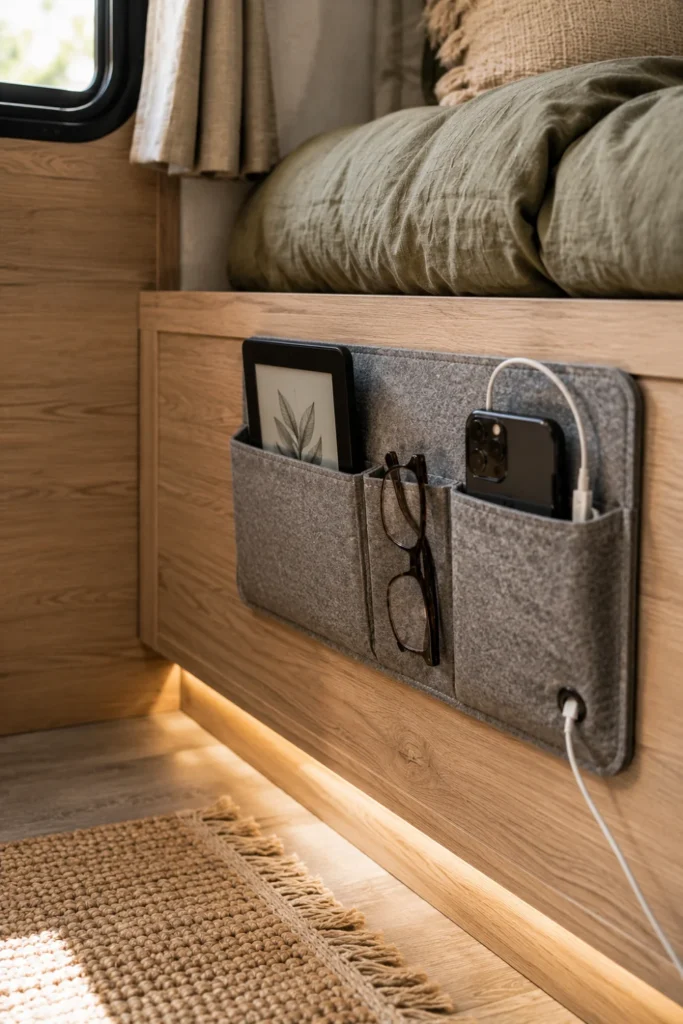 Wall mounted felt organizer caddy holding a phone and glasses beside an RV camper bed.