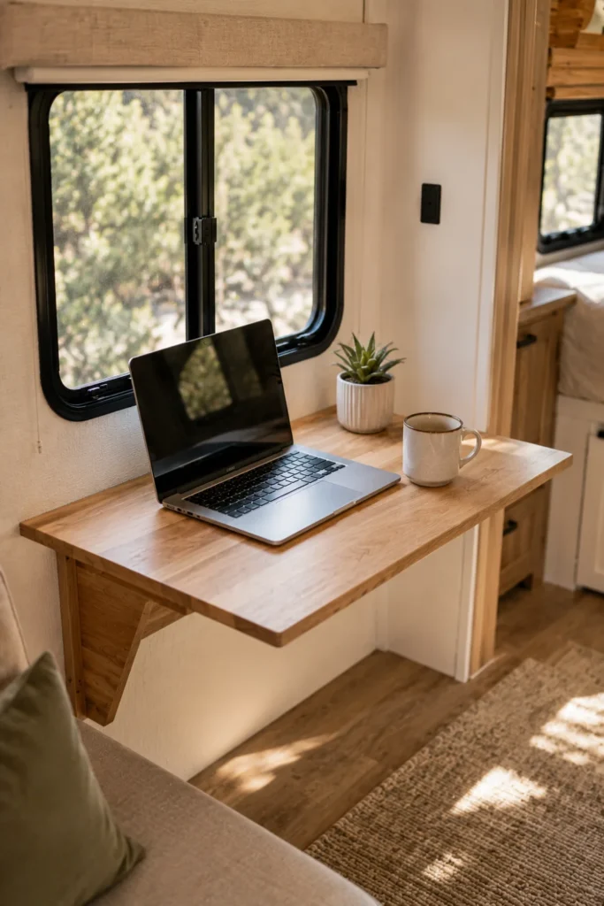 Space saving foldable wooden drop-leaf table mounted on an RV wall used as a mobile workspace and prep counter.