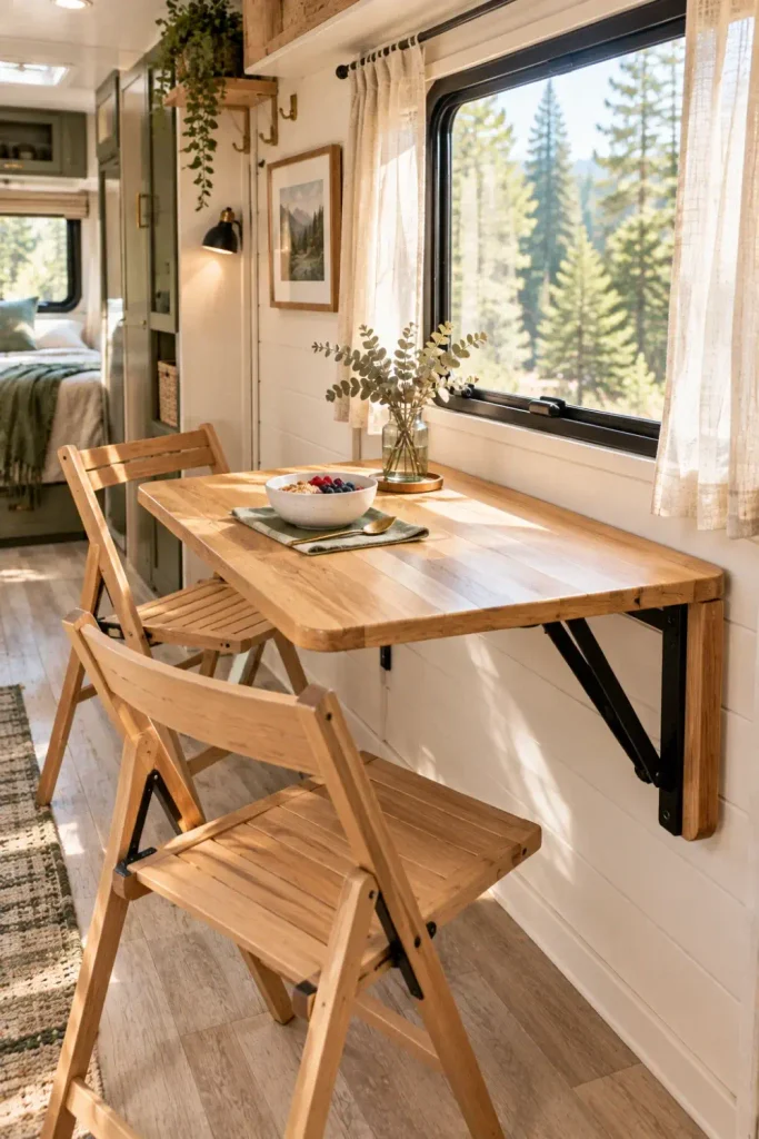 Wall mounted wooden drop leaf table in an RV dinette creating open floor space with folding chairs.
