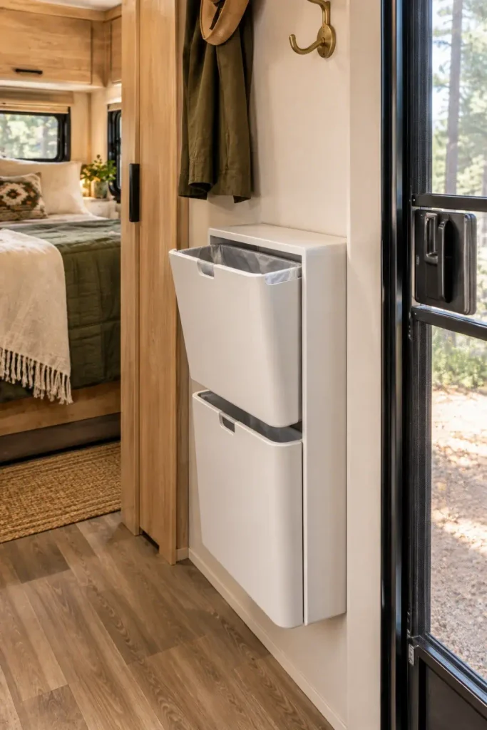 Wall-mounted vertical dual compartment trash and recycling cabinet near an RV entry door.