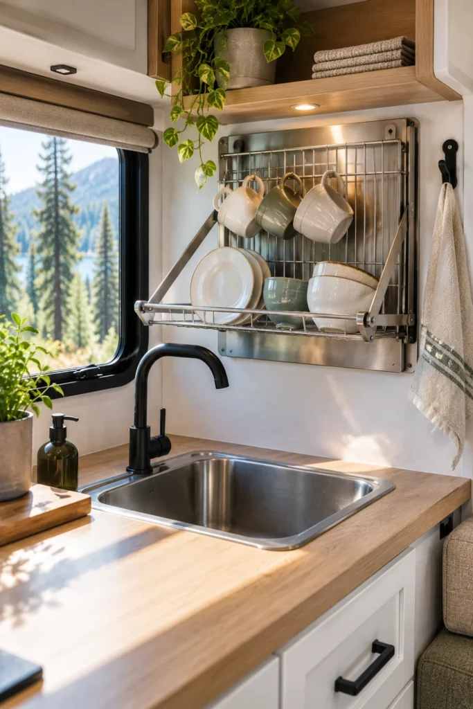 Stainless steel fold-down dish drying rack mounted above a small RV kitchen sink.
