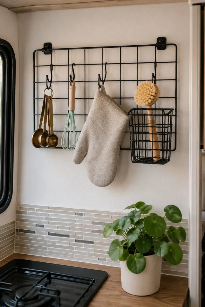 Matte black wire grid organizer mounted on an RV kitchen wall holding hanging cooking tools and scrub brushes.