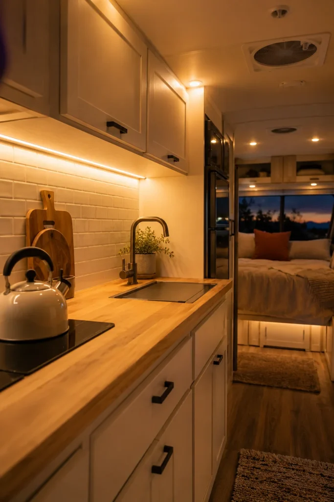 Warm 2700K LED light strips installed under upper cabinets in an RV kitchen casting a soft cozy glow over the countertop.