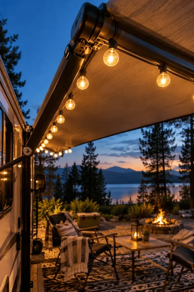Dimmable warm globe string lights hanging from an RV awning roller bar at twilight.