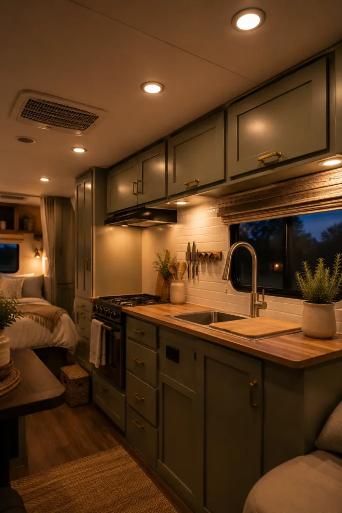 Flush-mount warm 3000K LED ceiling lights casting a cozy glow over a renovated modern camper kitchen at dusk.