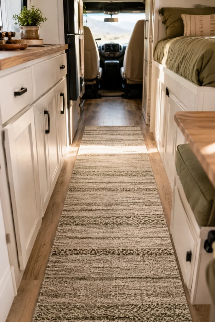 Washable textured flatweave runner rug layered neatly over vinyl flooring in an RV living space hallway.