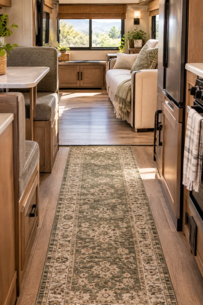 Low-pile washable runner rug laid across a camper slide-out floor.