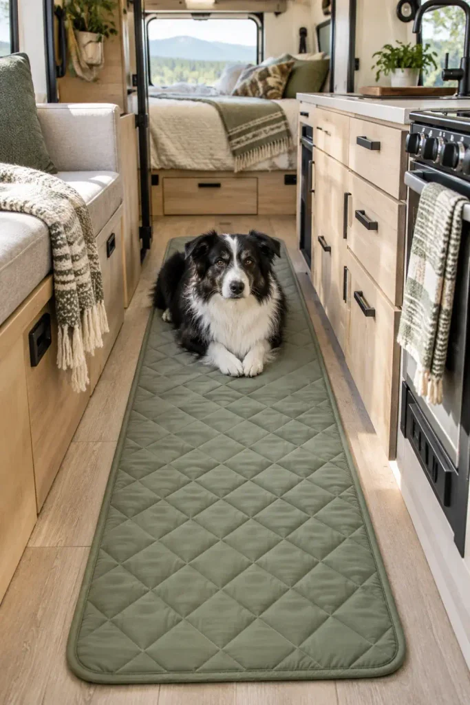 Flat, washable quilted runner mat used as a sleek dog bed down the center aisle of a camper van.
