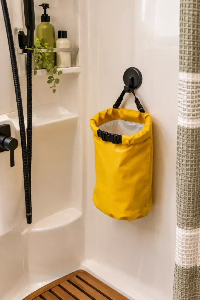 Small waterproof roll-top dry bag hanging from a heavy-duty suction hook in an RV wet bath.