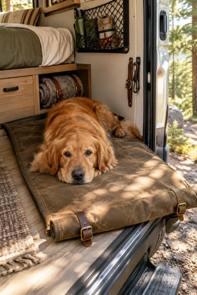 Heavy-duty roll-up waxed canvas travel dog pad laid near an open camper van door.
