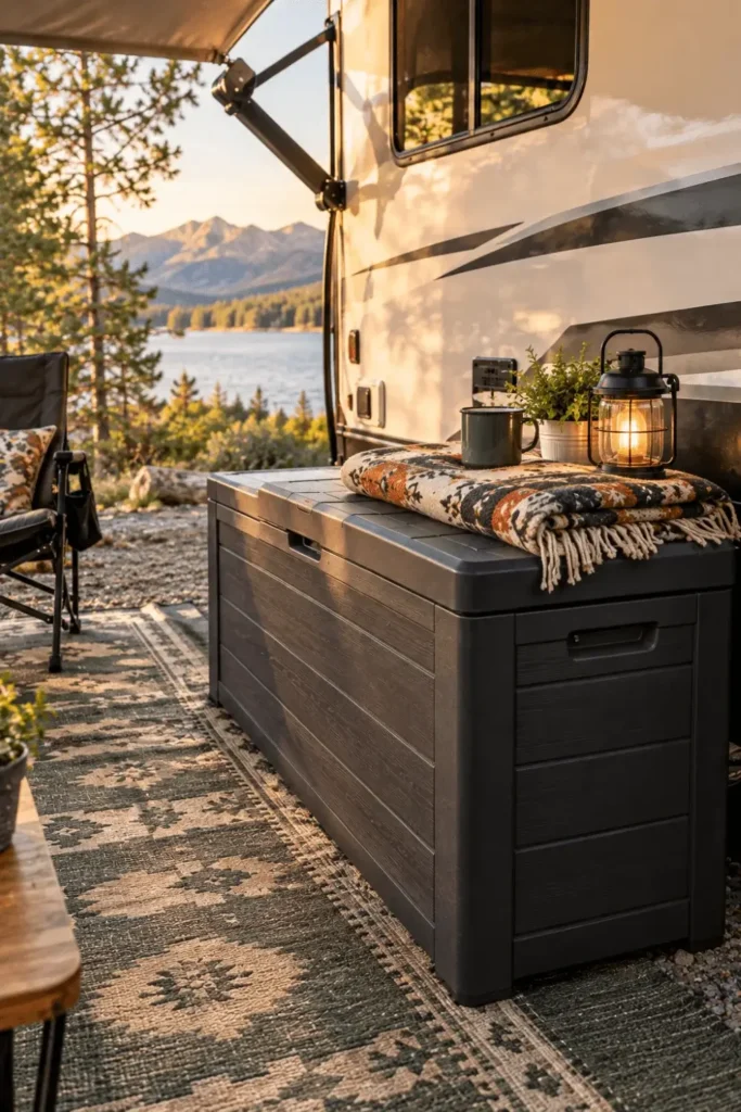 Heavy-duty resin outdoor storage deck box placed under an RV awning for patio gear.