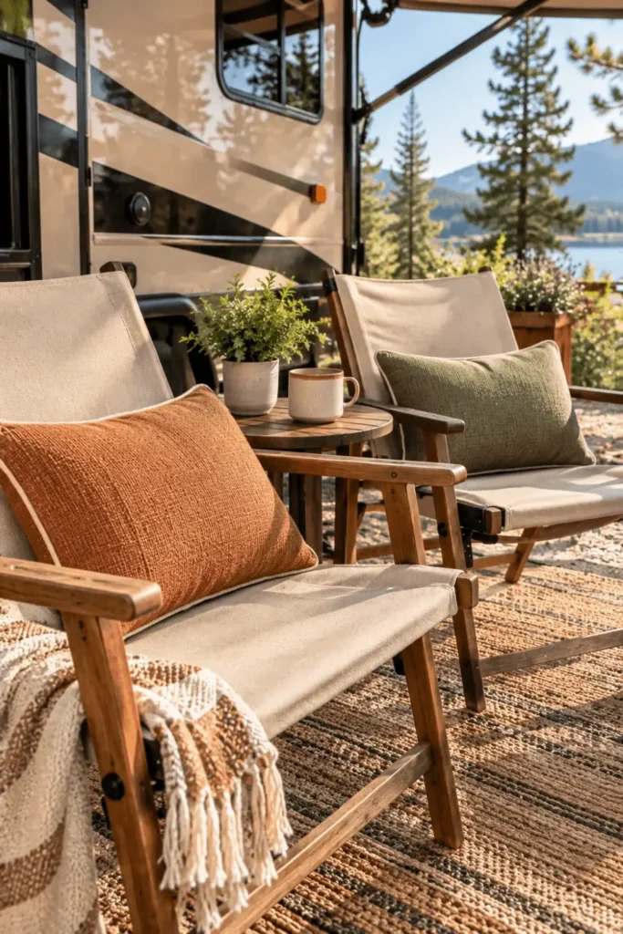 Weatherproof outdoor lumbar throw pillows styled on camp chairs on an RV patio.